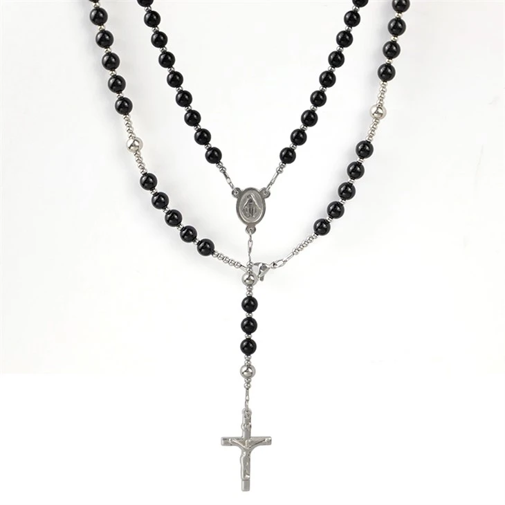 Black Agate Dual-Charm Stainless Steel Rosary Pendant Necklace Black Agate Dual-Charm Stainless Steel Rosary Pendant Necklace