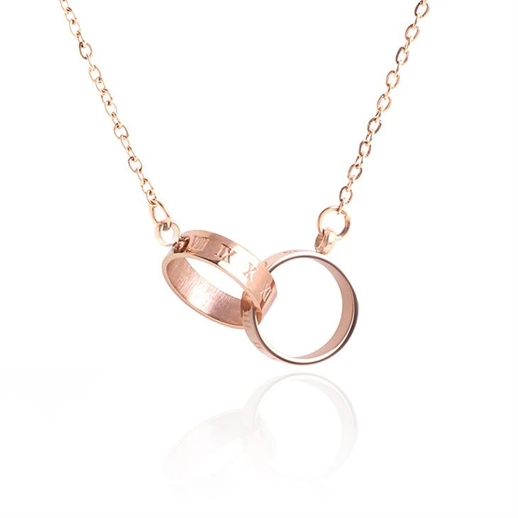 Rose Gold Roman Numeral Double Ring Interlocking Pendant Necklace