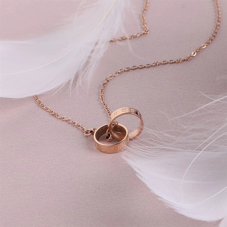 Rose Gold Roman Numeral Double Ring Interlocking Pendant Necklace suppliers